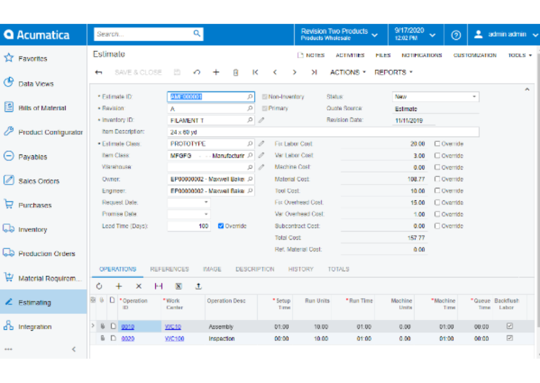 Manufacturing Acumatica Estimates